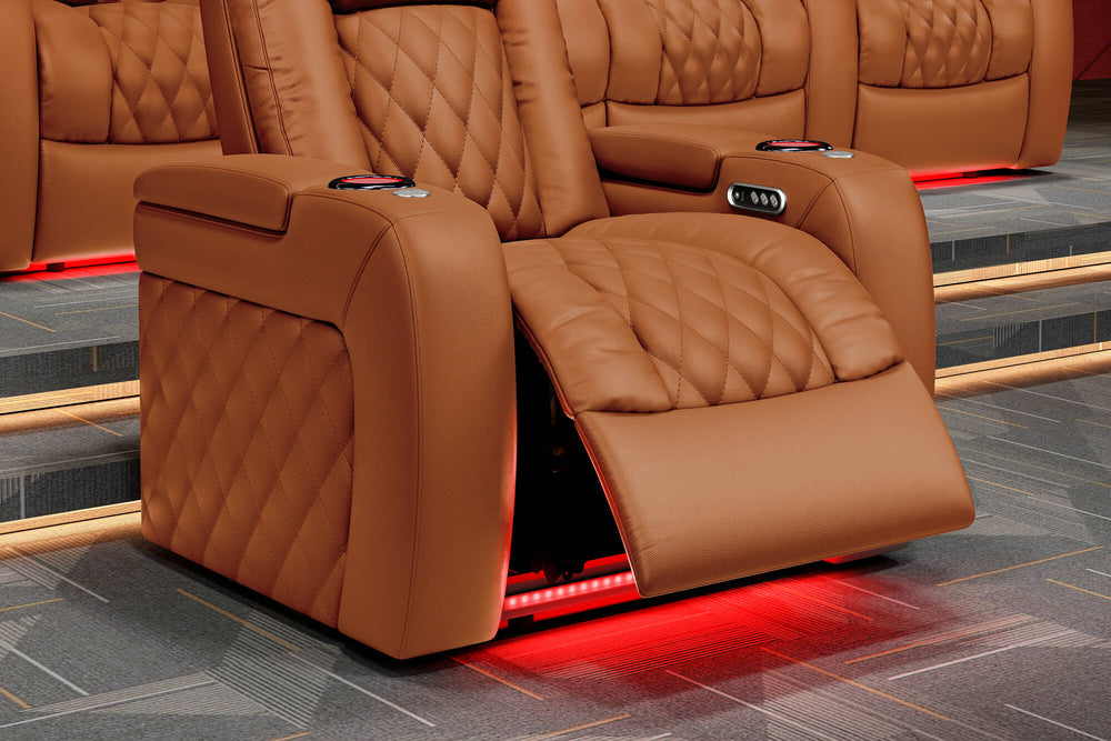 Valencia 2025 New Tuscany Leather Home Theater Seating Row of 4 Loveseat Left, Cognac