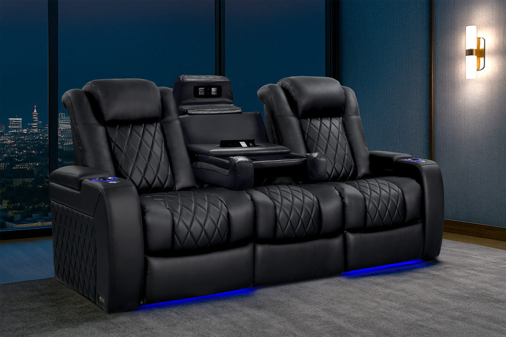 Valencia 2025 New Tuscany Console With Heat & Massage Leather Home Theater Seating Row of 3 with Dropdown Center, Midnight Black