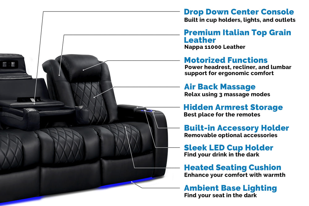 Valencia 2025 New Tuscany Console With Heat & Massage Leather Home Theater Seating Row of 3 with Dropdown Center, Midnight Black