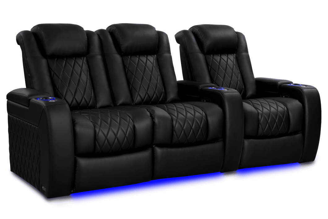 Valencia 2025 New Tuscany Heat & Massage Leather Home Theater Seating Row of 3 Loveseat Left, Midnight Black