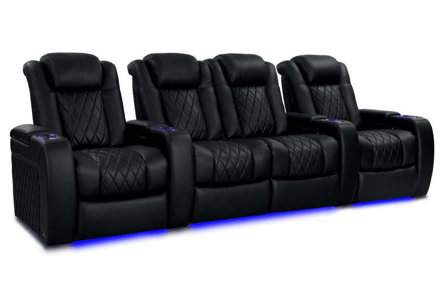 Valencia 2025 New Tuscany Heat & Massage Leather Home Theater Seating Row of 4 Loveseat Center, Midnight Black
