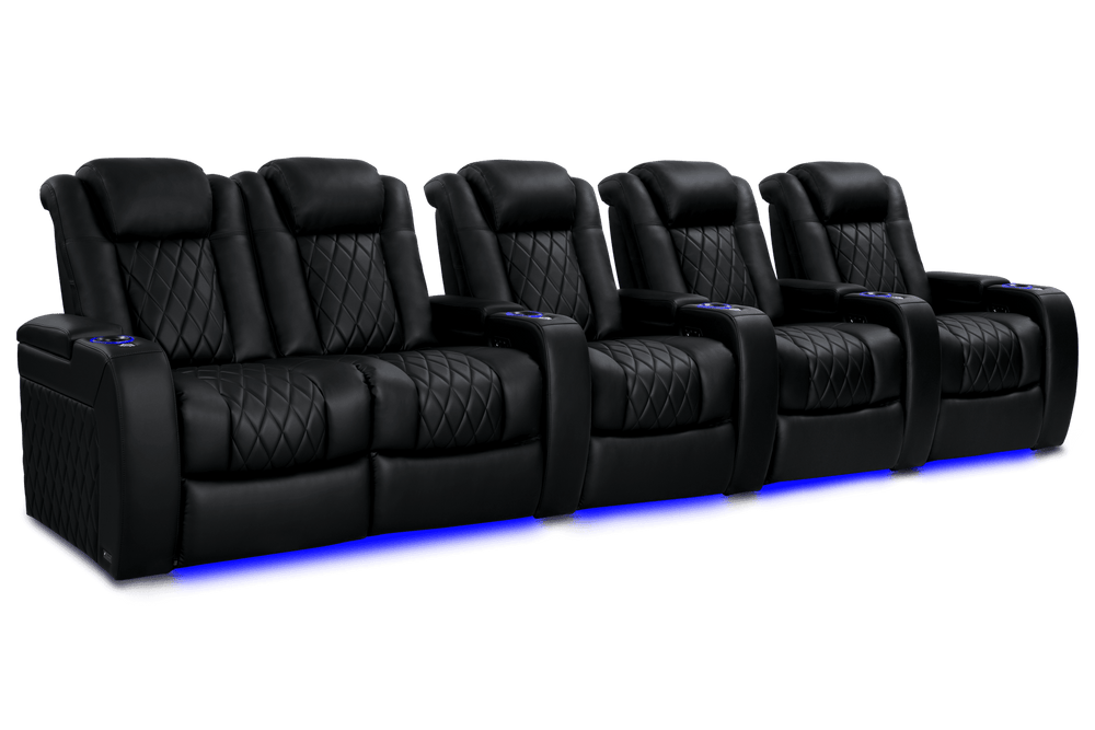 Valencia 2025 New Tuscany Heat & Massage Leather Home Theater Seating Row of 5 Loveseat Left, Midnight Black