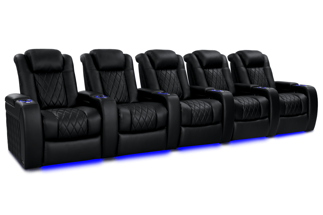 Valencia 2025 New Tuscany Heat & Massage Leather Home Theater Seating Row of 5, Midnight Black
