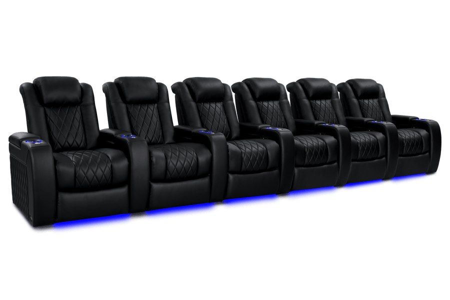 Valencia 2025 New Tuscany Heat & Massage Leather Home Theater Seating Row of 6, Midnight Black