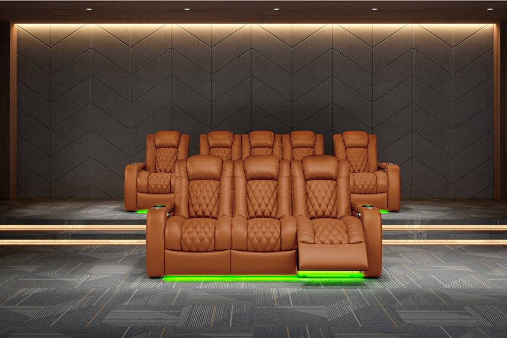 Valencia 2025 New Tuscany Leather Home Theater Seating Row of 4 Loveseat Left, Cognac