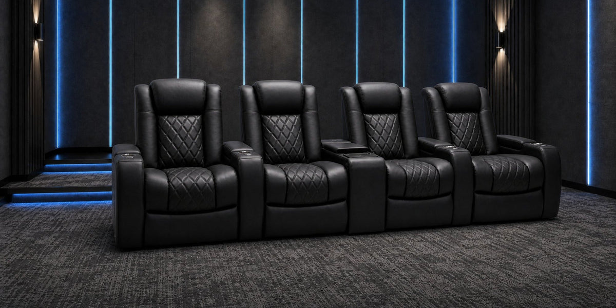Tuscany Luxury home theater seating with refrigerated center console in a luxury cinema