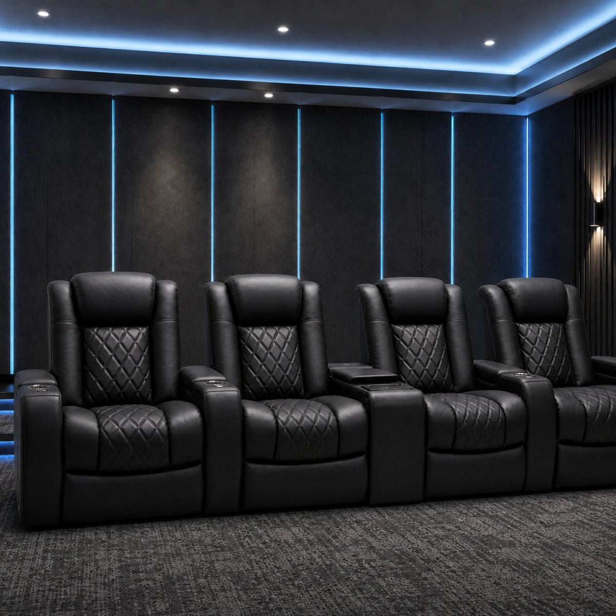 Tuscany Luxury home theater seating with refrigerated center console in a luxury cinema