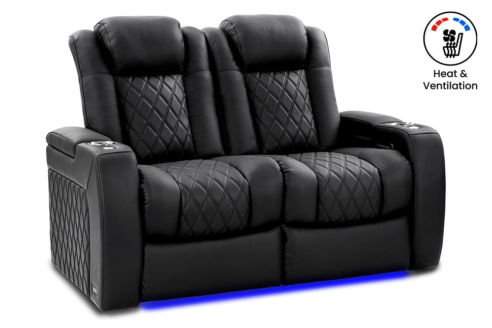 Valencia 2025 New Tuscany Ultimate Luxury Heat & Ventilation Leather Home Theater Seating Row of 2 Loveseat, Onyx