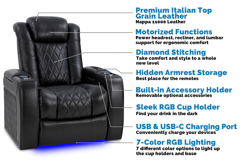 Valencia 2025 New Tuscany XL Leather Home Theater Seating Row of 2, Midnight Black