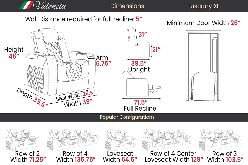 Valencia Tuscany XL Leather Home Theater Seating Row of 6, Dark Chocolate