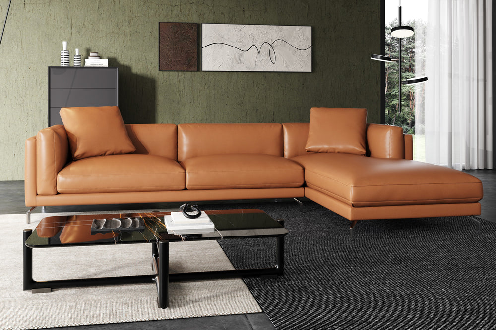 Valencia Zadar Leather Sofa with Right Chaise, Cognac