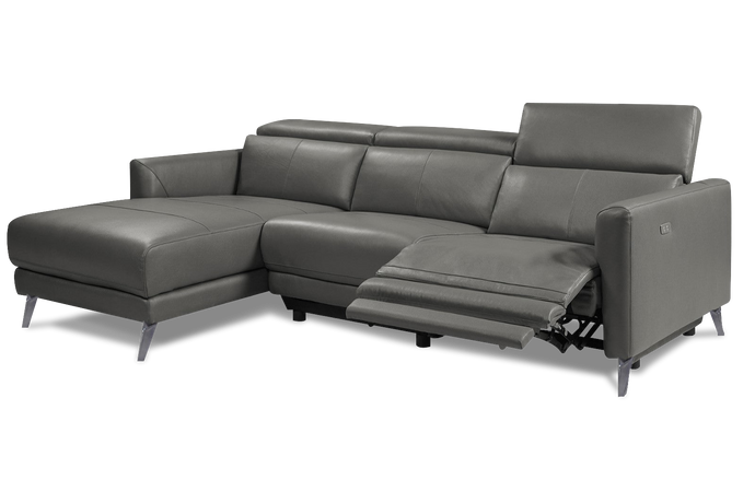Elevate your living space with the Valencia Andria Grey Leather Reclining Sectional White background picture