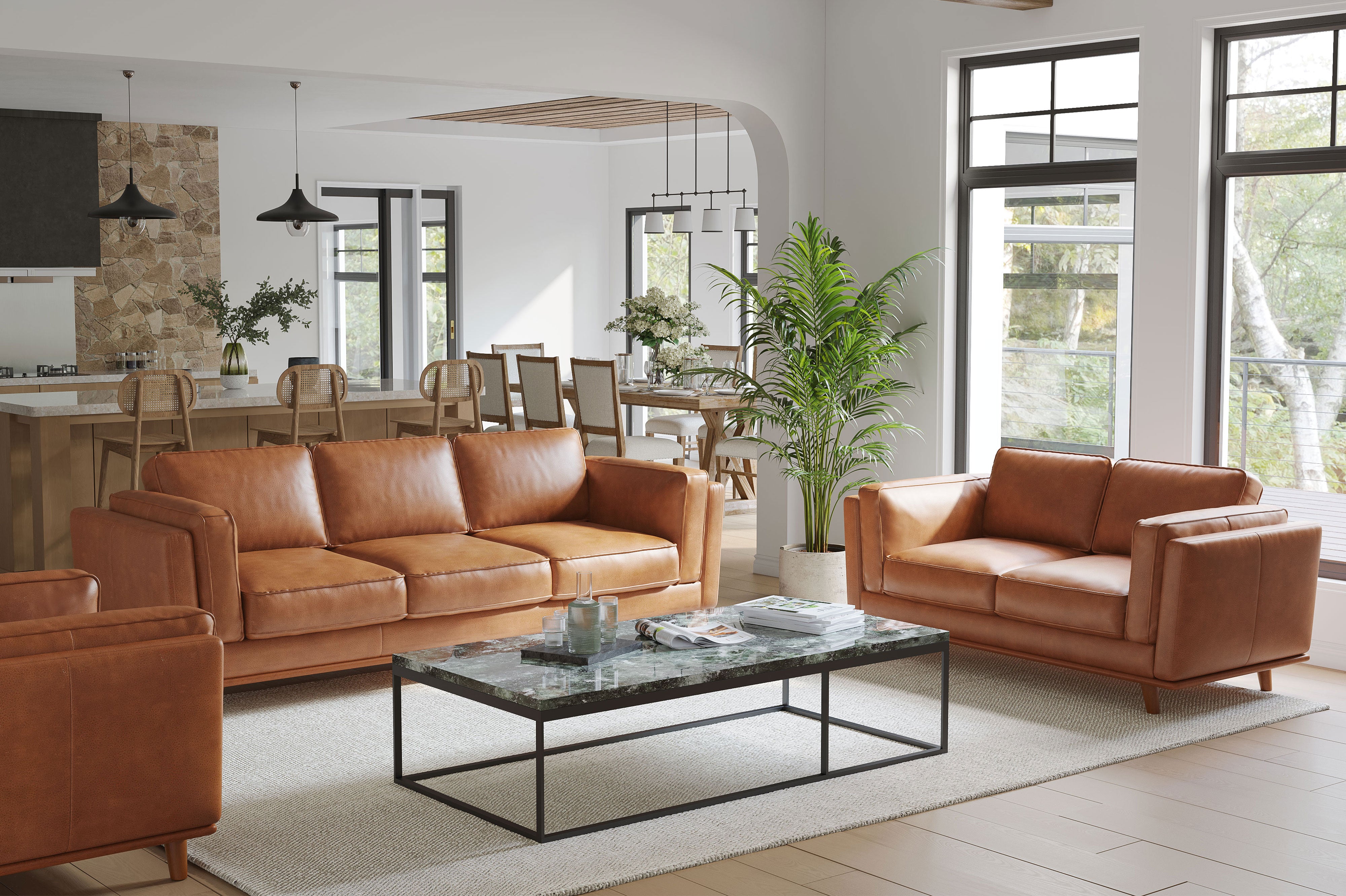 Valencia Artisan Leather Sofa with Alder Wood Legs and Frame - Cognac