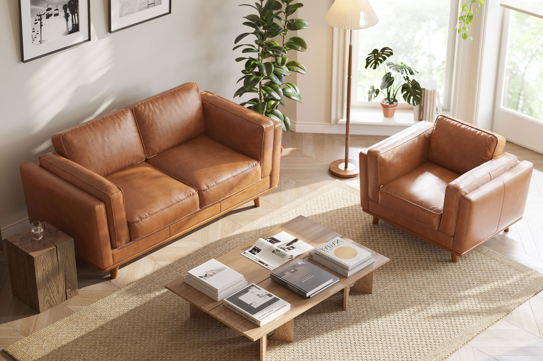 Valencia Artisan Top Grain Leather Loveseat Cognac Sofa Scene map-7