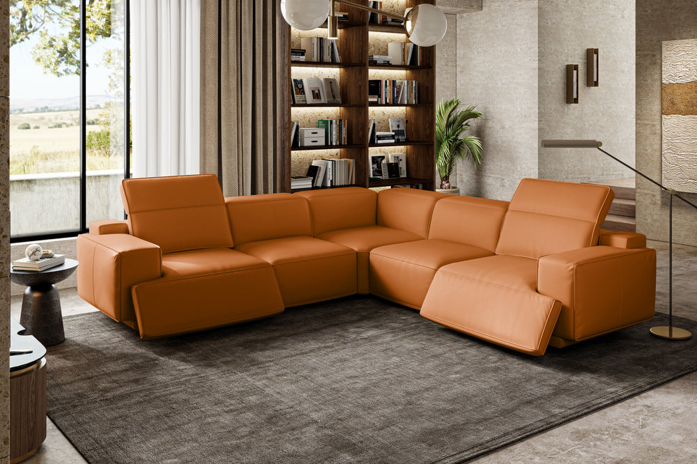 Valencia Valentina Leather Sectional L-Shape Recliner Sofa, Cognac