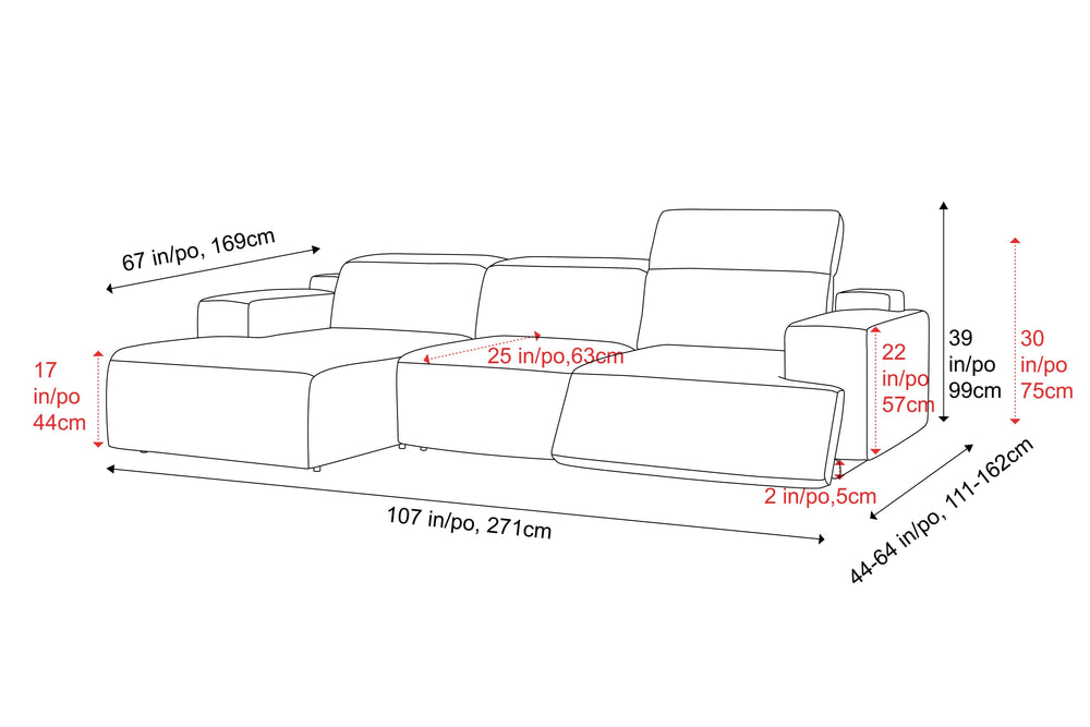 Valencia Valentina Leather Three Seats with Left Chaise Recliner Sofa, Cognac