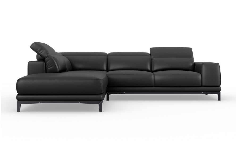 Valencia Valletta Top Grain Leather Sectional L-Shape with Left Chaise Sofa, Black