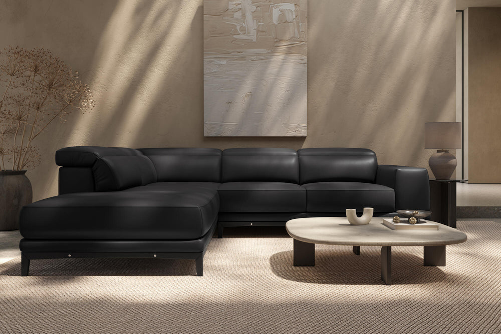 Valencia Valletta Top Grain Leather Sectional L-Shape with Left Chaise Sofa, Black