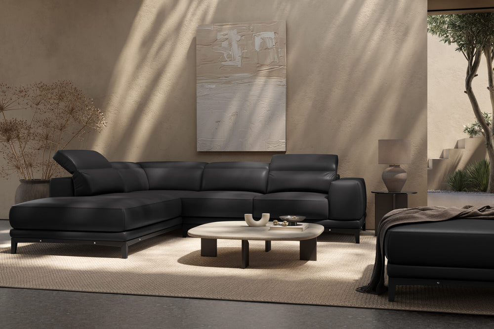 Valencia Valletta Top Grain Leather Sectional L-Shape with Left Chaise Sofa, Black