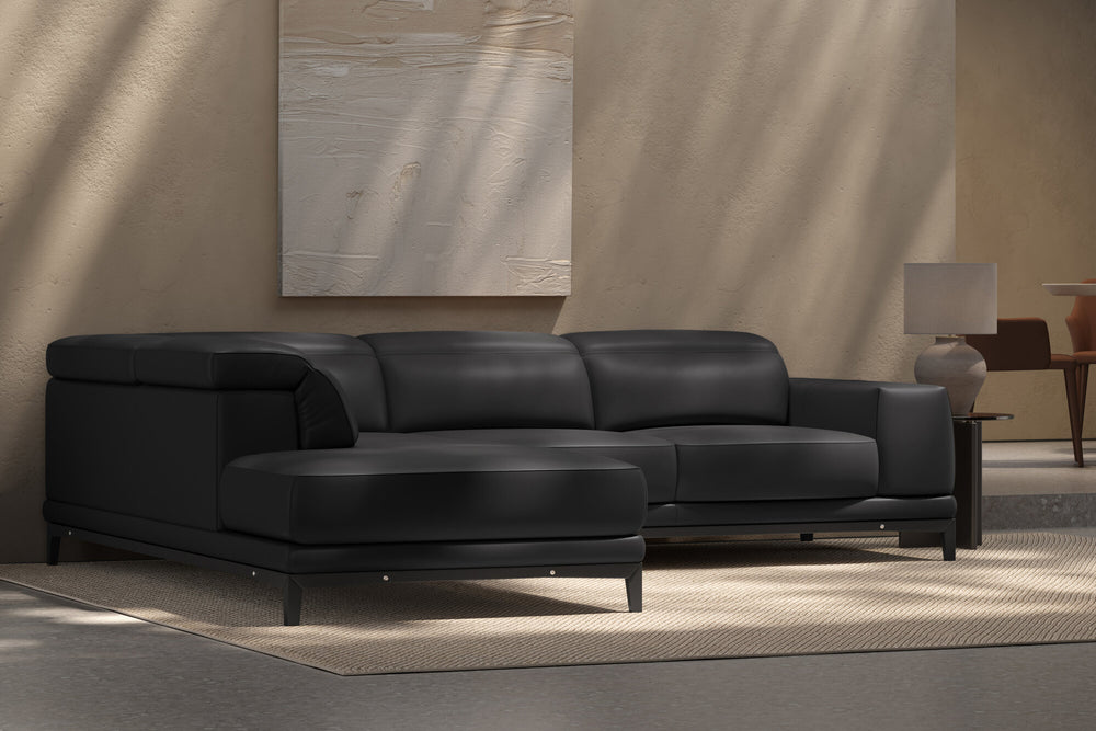 Valencia Valletta Top Grain Leather Sectional L-Shape with Left Chaise Sofa, Black