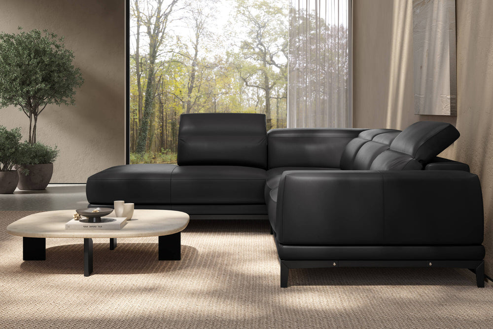 Valencia Valletta Top Grain Leather Sectional L-Shape with Left Chaise Sofa, Black