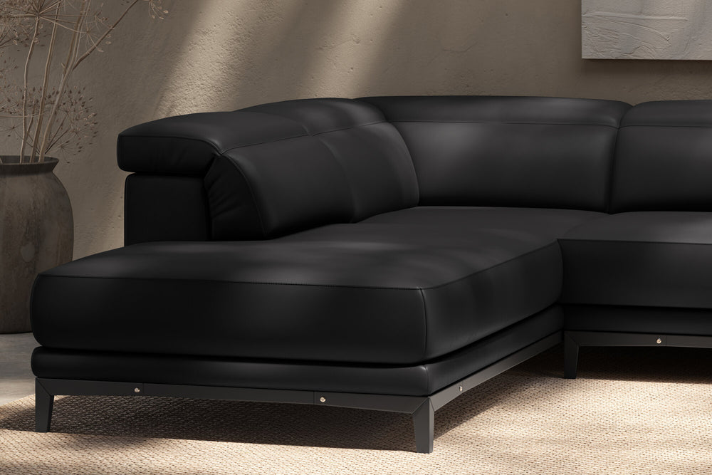 Valencia Valletta Top Grain Leather Sectional L-Shape with Left Chaise Sofa, Black