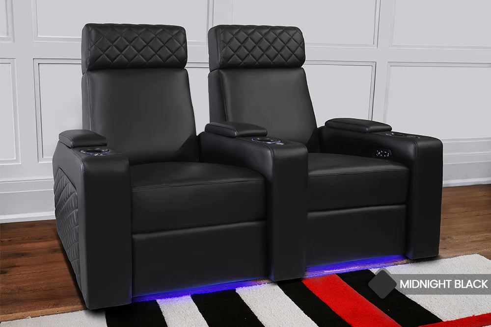 Valencia Zurich Leather Home Theater Seating Row of 4 Double Loveseat, Black