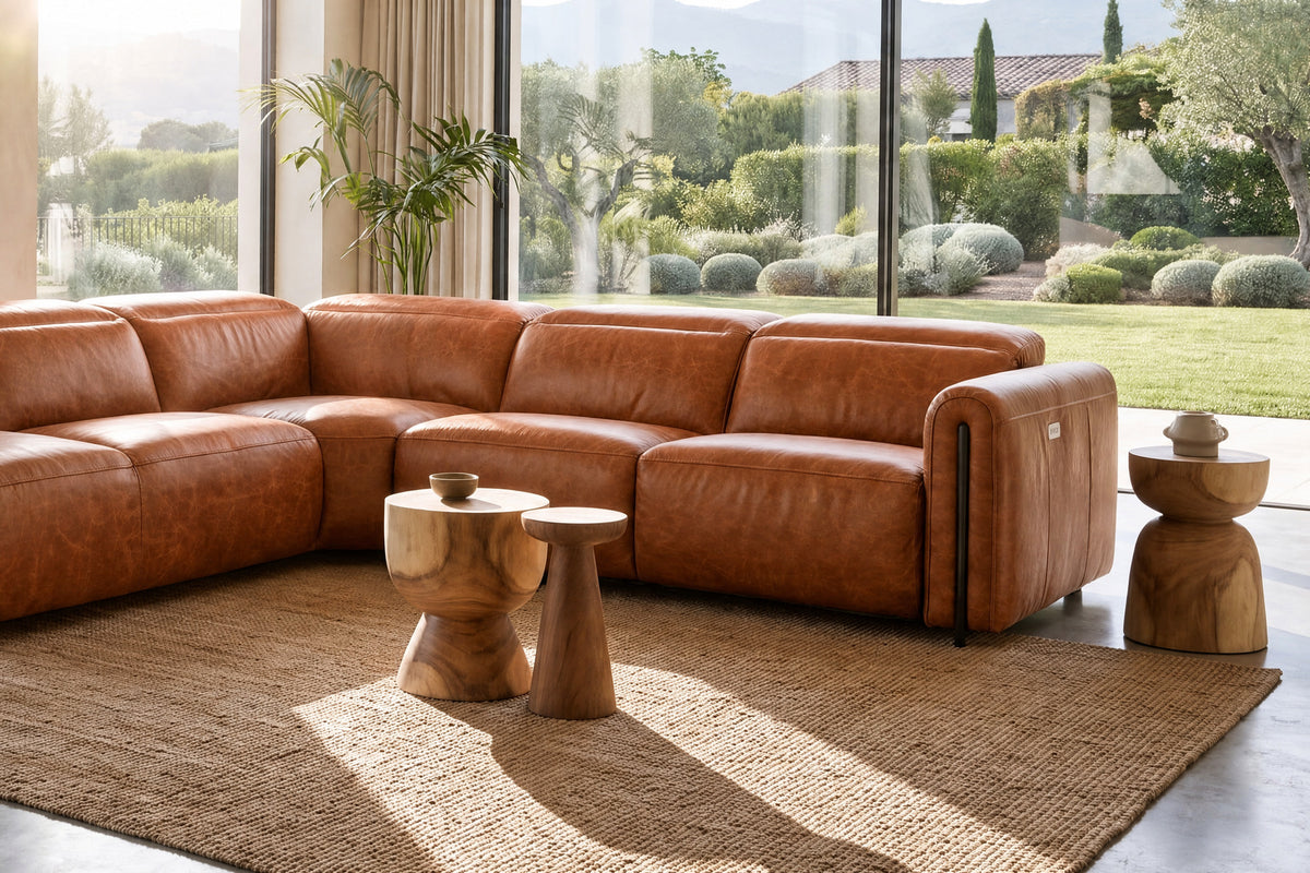 Octavia Distressed Italian Aniline Leather Reclining Corner Sectional Sofa
