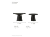 Acqui 29-Inch Round Ebony Oak Veneer Pedestal Coffee and End Table Set dimensions: coffee table 29 in across and 17 in high; end table 22 in across and 15 in high