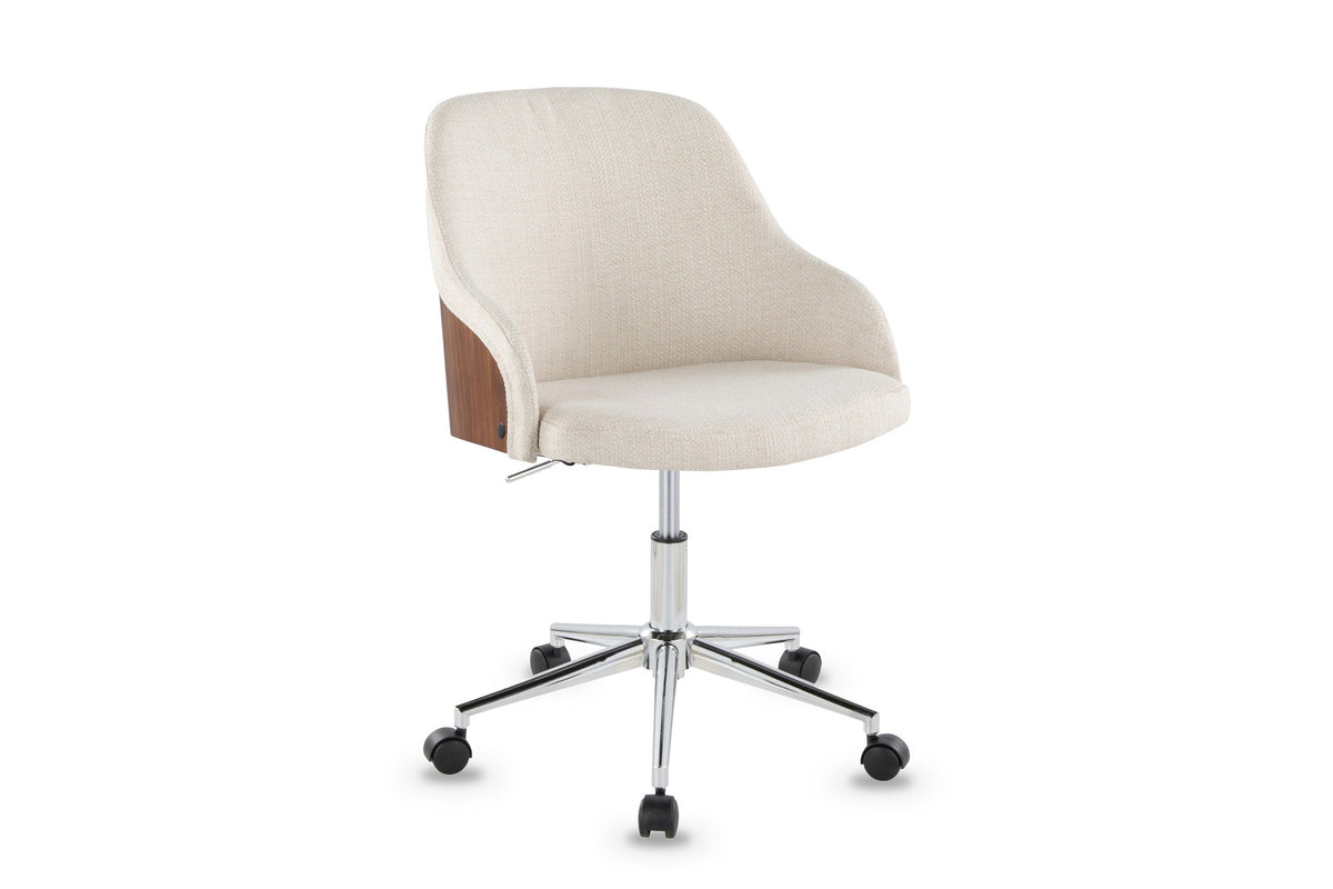 Acri Walnut Bentwood Swivel Desk Chair with Cream Woven Fabric on a white background