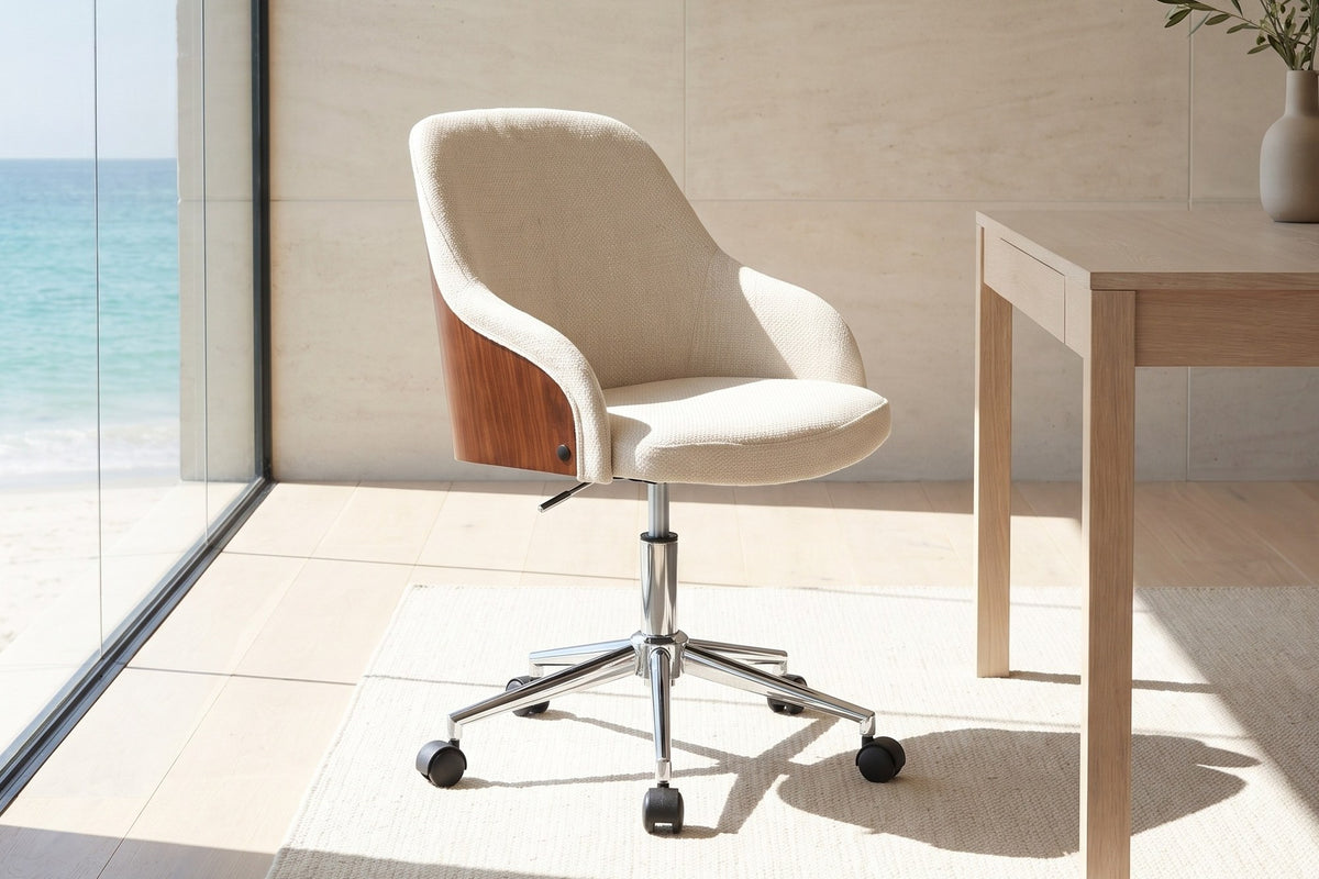 Acri Walnut Bentwood Swivel Desk Chair with Cream Woven Fabric in an oceanfront glass house