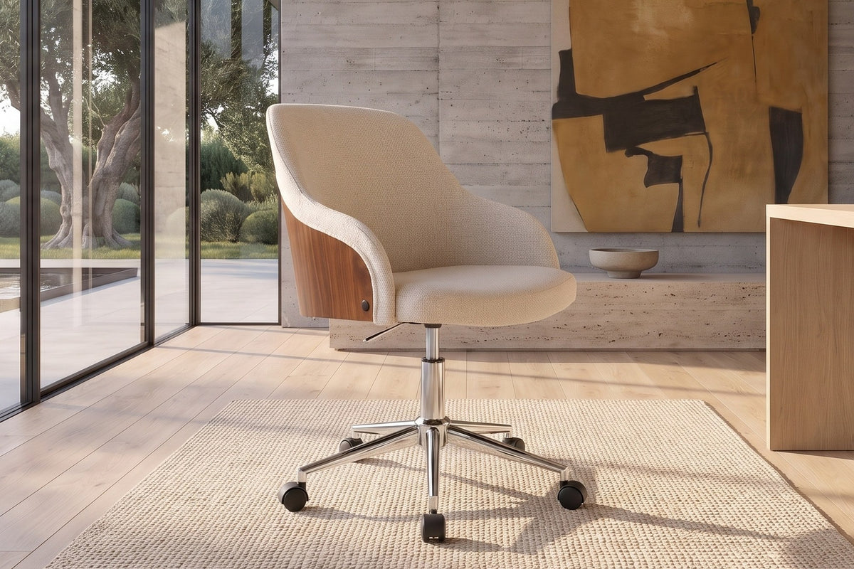 Acri Walnut Bentwood Swivel Desk Chair with Cream Woven Fabric in a sunlit villa study