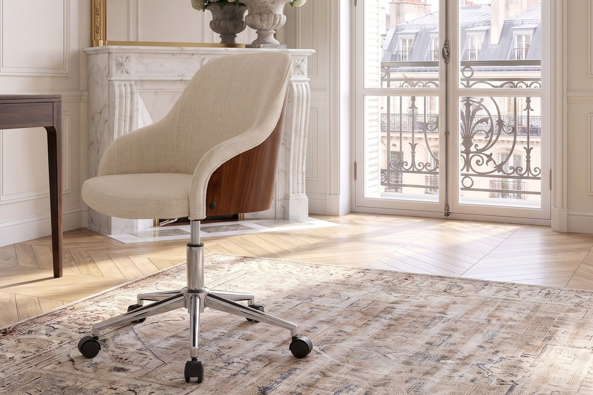 Acri Walnut Bentwood Swivel Desk Chair with Cream Woven Fabric in a Paris salon