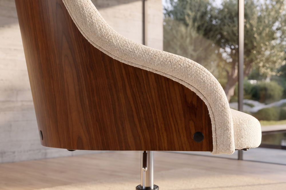 Close-up of the Acri Walnut Bentwood Swivel Desk Chair with Cream Woven Fabric: shell