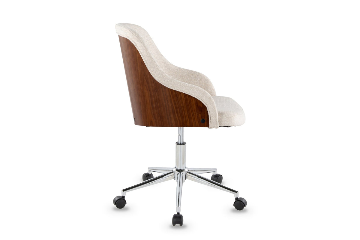 Acri Walnut Bentwood Swivel Desk Chair with Cream Woven Fabric, side view