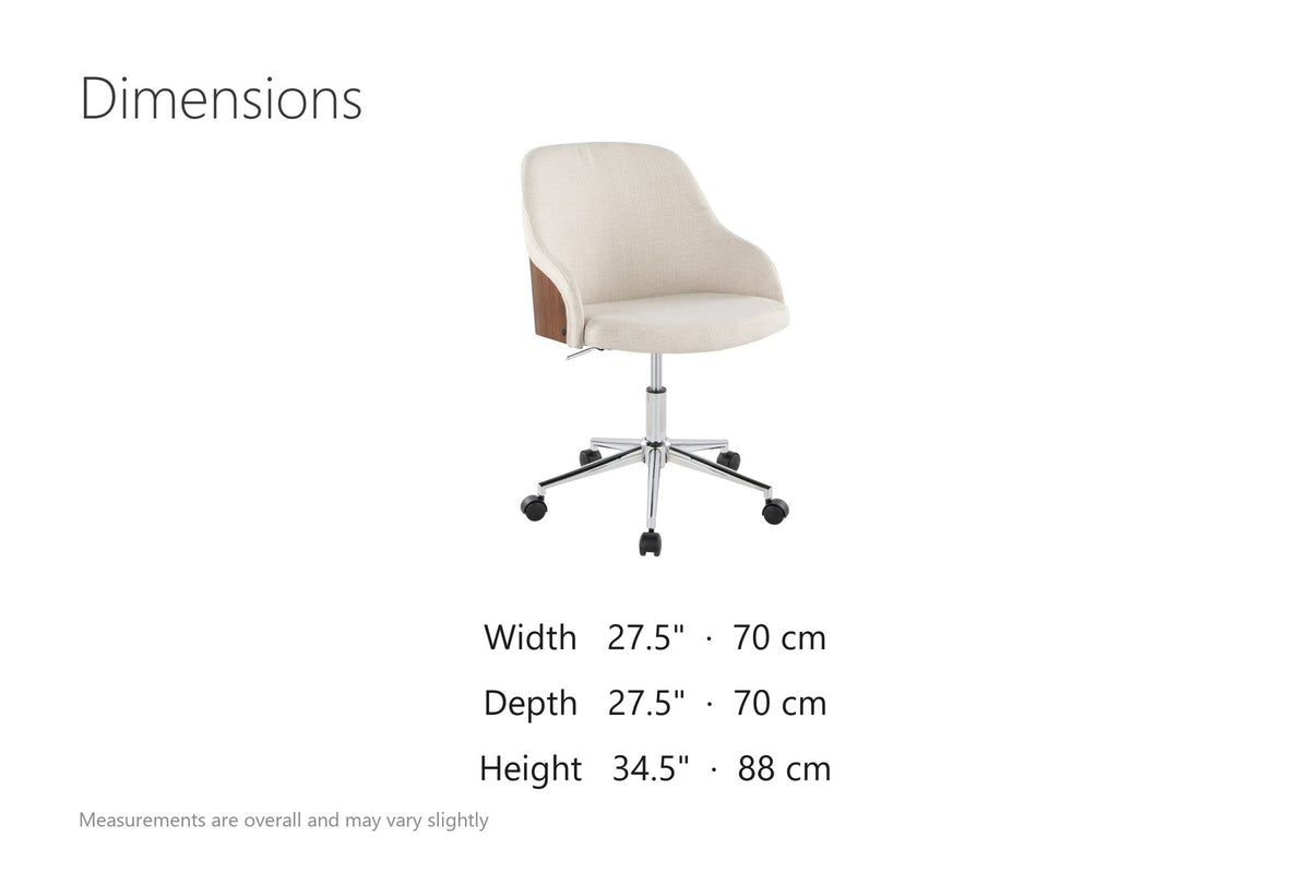Acri Walnut Bentwood Swivel Desk Chair with Cream Woven Fabric dimensions