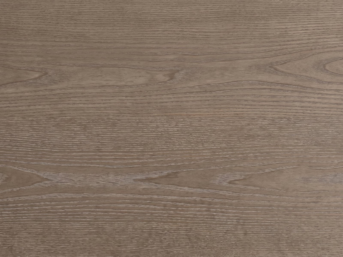 Close-up of the Adelfia Ash Veneer Waterfall Console Table: the smoked grey-brown ash grain of the top