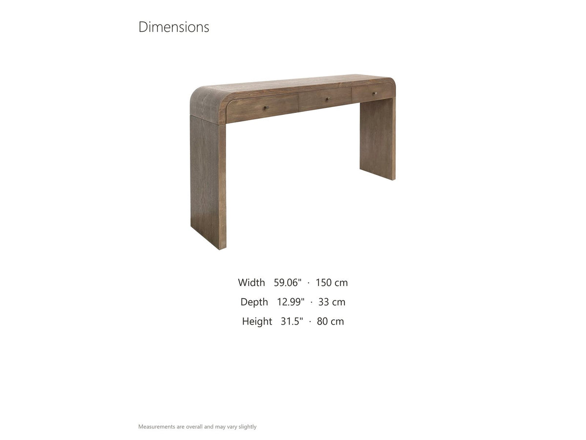 Adelfia Ash Veneer Waterfall Console Table dimensions: 59.06 in wide, 12.99 in deep, 31.5 in high