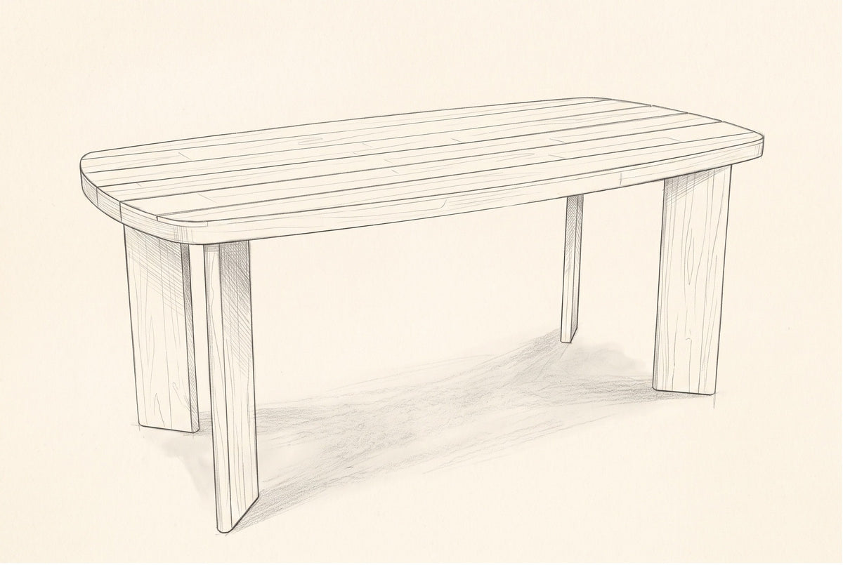 Pencil sketch of the Adrano dining table, three-quarter view