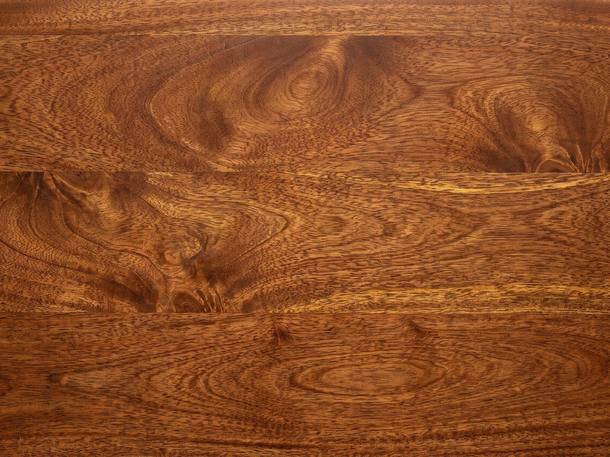 Close-up of the Adria 34-Inch Chestnut Solid Mango 3-Drawer Chest: the chestnut-finish solid mango top