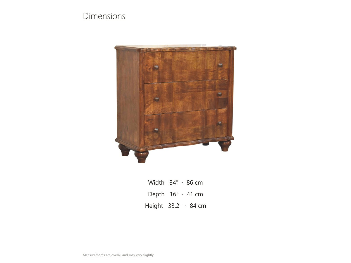 Adria 34-Inch Chestnut Solid Mango 3-Drawer Chest dimensions: 34.0 in wide, 16.0 in deep, 33.2 in high
