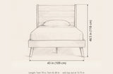 Agnone bed dimensions: 43 in wide, 46.5 in high, Twin 79 in long and Twin XL 84 in long, rails top out at 13.75 in