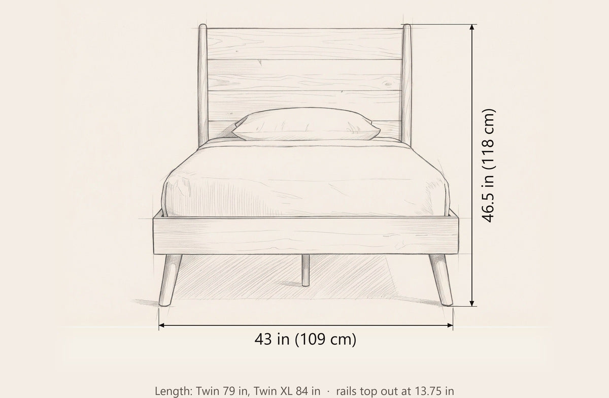 Agnone bed dimensions: 43 in wide, 46.5 in high, Twin 79 in long and Twin XL 84 in long, rails top out at 13.75 in
