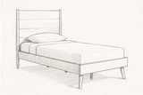 Pencil sketch of the Agnone bed with a mattress and one pillow, drawn from the same three-quarter view