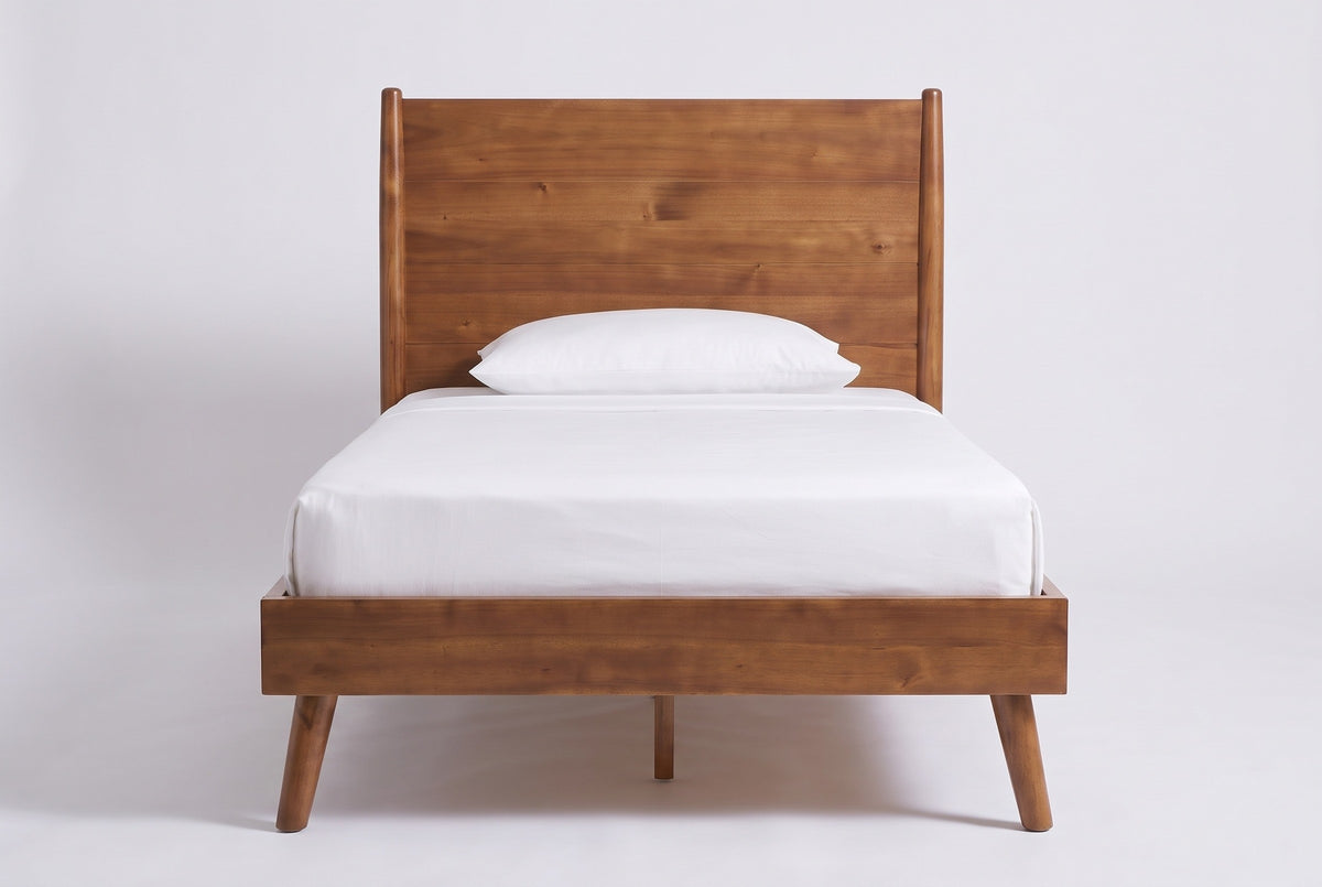 Agnone bed in solid acacia with a board headboard, a white mattress and pillow (not included), front view