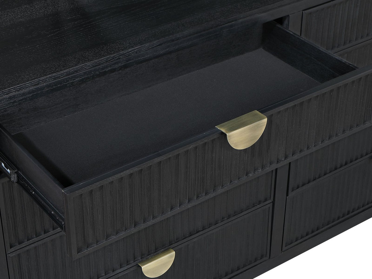 Close-up of the Agordo 66-Inch Black Fluted 8-Drawer Dresser: drawer
