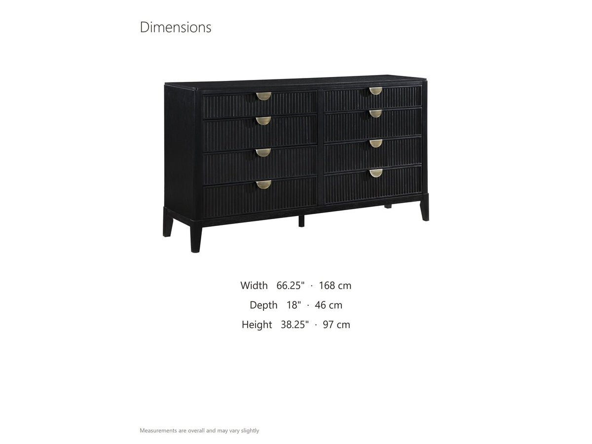 Agordo 66-Inch Black Fluted 8-Drawer Dresser dimensions: 66.25 in wide, 18.0 in deep, 38.25 in high