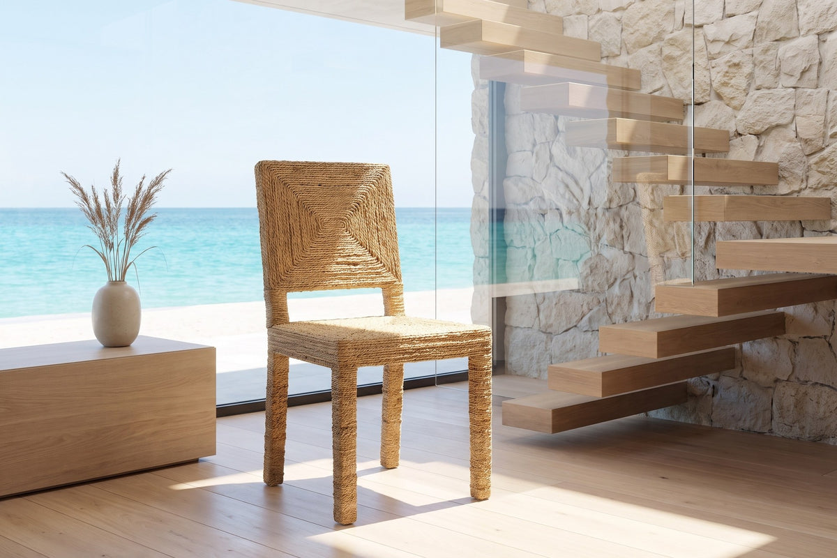 Aieta Parsons Seagrass-Wrapped Dining Chair in an oceanfront glass house