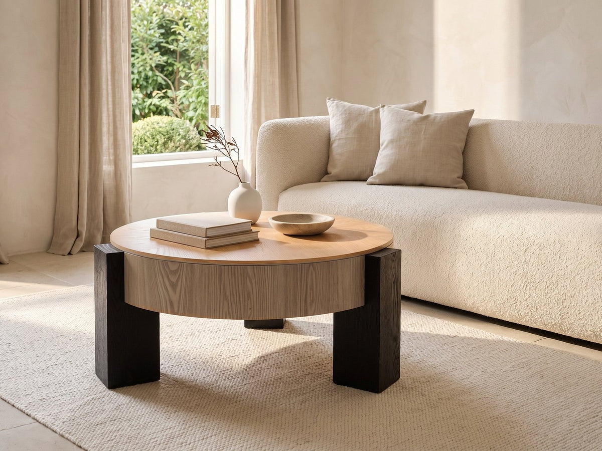 Alba 31.5-Inch Round Parquet Wood Veneer Storage Coffee Table seen from the side, styled with books, a vase and a stone bowl in front of a cream sofa in a bright plaster room
