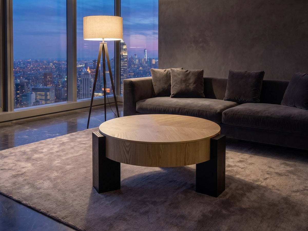Alba 31.5-Inch Round Parquet Wood Veneer Storage Coffee Table on a wool rug in front of a velvet sofa in a city penthouse at blue hour